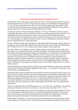 Macedonian Orthodox Church Short History of the Macedonian