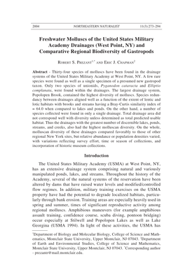 West Point, NY) and Comparative Regional Biodiversity of Gastropods