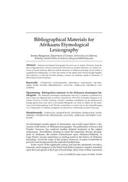 Bibliographical Materials for Afrikaans Etymological Lexicography