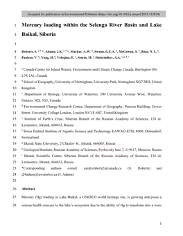 Mercury Loading Within the Selenga River Basin and Lake