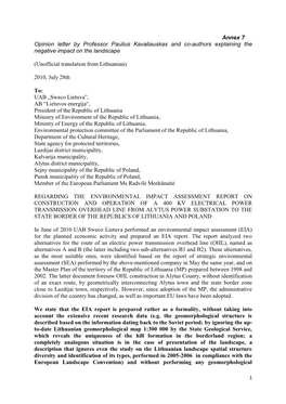 Annex 7 Opinion Letter by Professor Paulius Kavaliauskas and Co-Authors Explaining the Negative Impact on the Landscape