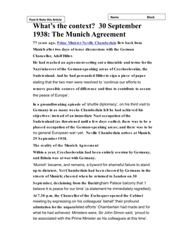 What's the Context? 30 September 1938: the Munich Agreement