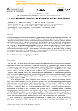 Phylogeny and Classification of the New World Suboscines (Aves, Passeriformes)