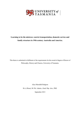 Learning to Be the Mistress: Convict Transportation, Domestic Service and Family Structure in 19Th Century Australia and America