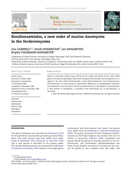 Koralionastetales, a New Order of Marine Ascomycota in the Sordariomycetes