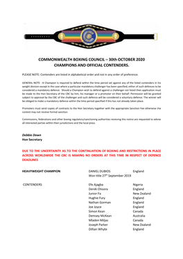 CHAMPIONS, CONTENDERS & DEFENCE OBLIGATIONS 30Th OCTOBER 2020