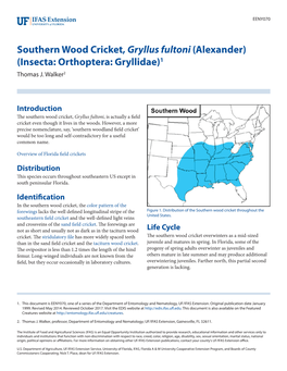 Southern Wood Cricket, Gryllus Fultoni (Alexander) (Insecta: Orthoptera: Gryllidae)1 Thomas J