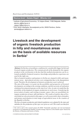 Livestock and the Development of Organic Livestock Production in Hilly and Mountainous Areas on the Basis of Available Resources in Serbia1