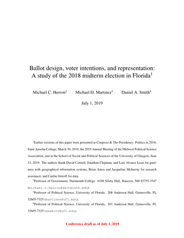 Ballot Design, Voter Intentions, and Representation: a Study of the 2018 Midterm Election in Florida1