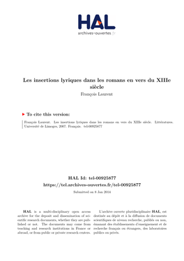 Les Insertions Lyriques Dans Les Romans En Vers Du Xiiie Siècle François Laurent