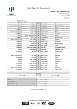 Wales U20s V Samoa U20s World Rugby U20 Championship Team Sheets