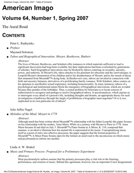 American Imago, Volume 64, 2007 - Table of Contents American Imago Volume 64, Number 1, Spring 2007 the Aural Road