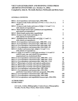 VIET NAM GENERATION and BURNING CITIES PRESS ARCHIVES INVENTORY (Rev