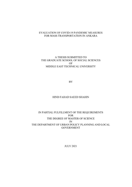 Evaluation of Covid-19 Pandemic Measures for Mass Transportation in Ankara a Thesis Submitted to the Graduate School of Social