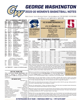 George Washington 2015-16 Women’S Basketball Notes
