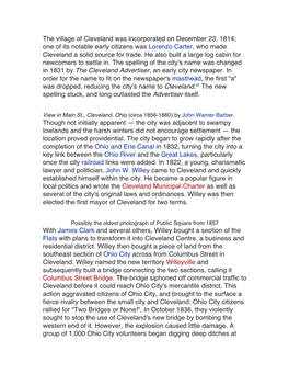 Village of Cleveland Was Incorporated on December 23, 1814; One of Its Notable Early Citizens Was Lorenzo Carter, Who Made Cleveland a Solid Source for Trade