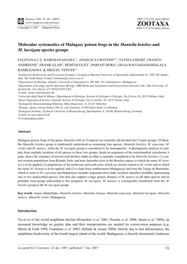 Zootaxa,Molecular Systematics of Malagasy Poison Frogs in The