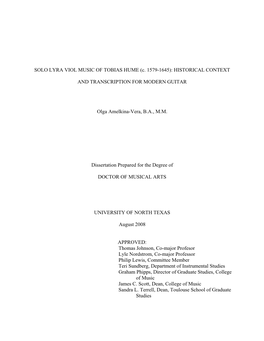 SOLO LYRA VIOL MUSIC of TOBIAS HUME (C. 1579-1645): HISTORICAL CONTEXT