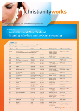 Australian and New Zealand Listening Schedule and Podcast Streaming