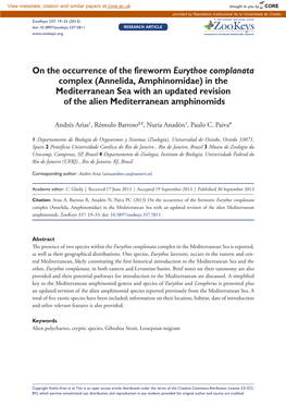 Annelida, Amphinomidae) in the Mediterranean Sea with an Updated Revision of the Alien Mediterranean Amphinomids