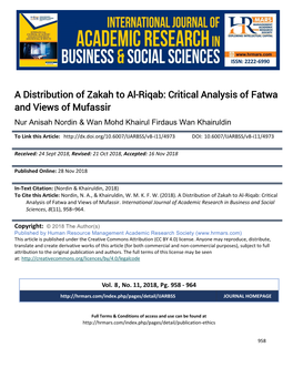 A Distribution of Zakah to Al-Riqab: Critical Analysis of Fatwa and Views of Mufassir