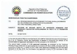 Second Batch of Approved Nominees for Graduate Education Scholarships in the K to 12 Transition Period (First Semester, Ay 2016-2017)