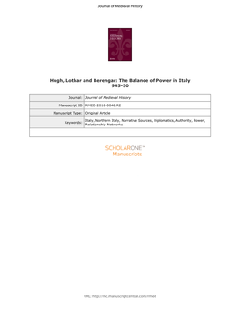 For Peer Review Only 17 18 19 the Return of Berengar of Ivrea to Italy in 945 Was a Point of Great Change for the Political 20 21 22 Networks of the Kingdom of Italy