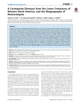 A Ceratopsian Dinosaur from the Lower Cretaceous of Western North America, and the Biogeography of Neoceratopsia