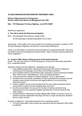 TE ANAU MANAPOURI WASTEWATER TREATMENT AREA. Notice of Requirement for Designation. Section 168A of the Resource Management