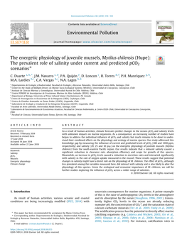 The Energetic Physiology of Juvenile Mussels, Mytilus Chilensis (Hupe): the Prevalent Role of Salinity Under Current and Predicted Pco2 Scenarios*