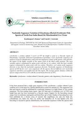 Scholars Research Library Nucleotide Sequences Variation of Osteobrama (Heckel) Freshwater Fish Species of North-East India Base