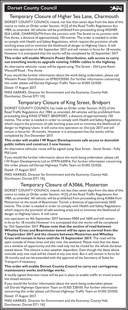 Temporary Closure of Higher Sea Lane, Charmouth Temporary Closure of King Street, Bridport Temporary Closure of A3066, Mosterton