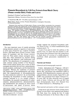 Prunasin Biosynthesis by Cell-Free Extracts from Black Cherry (Prunus Serotina Ehrh.) Fruits and Leaves Jonathan E