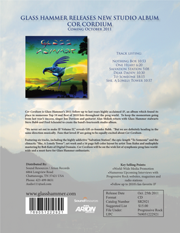 GLASS HAMMER RELEASES NEW STUDIO ALBUM COR CORDIUM Coming October 2011