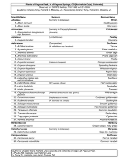 Plants of Pagosa Peak, N of Pagosa Springs, CO [Archeluta Co(S), Colorado] Observed on CONPS Fieldtrip, 7/31/1999 to 7/31/1999 Leader(S): Charley King, Richard E