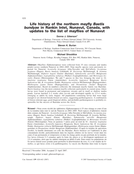 Life History of the Northern Mayfly Baetis Bundyae in Rankin Inlet, Nunavut, Canada, with Updates to the List of Mayflies of Nunavut