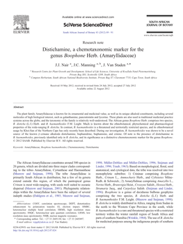 Distichamine, a Chemotaxonomic Marker for the Genus Boophone Herb. (Amaryllidaceae) ⁎ J.J