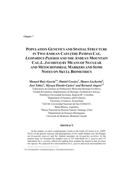 Population Genetics and Spatial Structure in Two Andean Cats (The Pampas Cat, Leopardus Pajeros and the Andean Mountain Cat, L