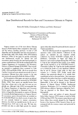 New Distributional Records for Rare and Uncommon Odonata in Virginia
