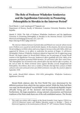 The Role of Professor Władysław Semkowicz and the Jagiellonian University in Promoting Polonophilia in Slovakia in the Interwar Period1