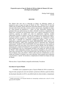 Preparativos Para a Copa Do Mundo De 2014 Na Cidade De Manaus/AM: Uma Abordagem Antropológica1