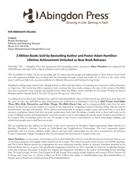 2 Million Books Sold by Bestselling Author and Pastor Adam Hamilton Lifetime Achievement Unlocked As New Book Releases