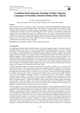 Conditions Restraining the Teaching of Major Nigerian Languages in Secondary School in Ebonyi State, Nigeria