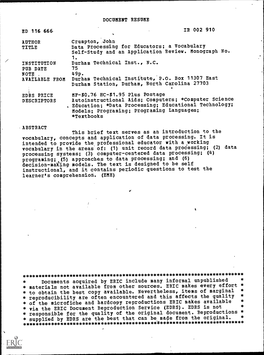 Data Processing for Educators; a Vocabulary Self-Study and an Application Review. Monograph No. 1. INSTITUTION Durham Technical Inst., N.C