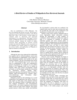 A Brief Review of Studies of Wikipedia in Peer-Reviewed Journals