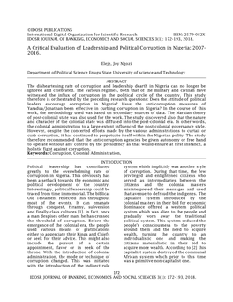 A Critical Evaluation of Leadership and Political Corruption in Nigeria: 2007- 2016