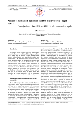 Position of Mentally Ill Persons in the 19Th Century Serbia – Legal Aspects Položaj Duševno Obolelih Lica U Srbiji 19