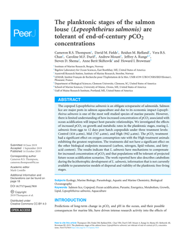 The Planktonic Stages of the Salmon Louse (Lepeophtheirus Salmonis) Are Tolerant of End-Of-Century Pco2 Concentrations