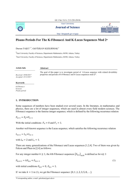 Journal of Science Pisano Periods for the K-Fibonacci and K-Lucas