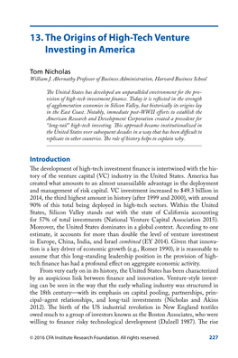 13. the Origins of High-Tech Venture Investing in America Existing Industries in the Region and Promote New Directions